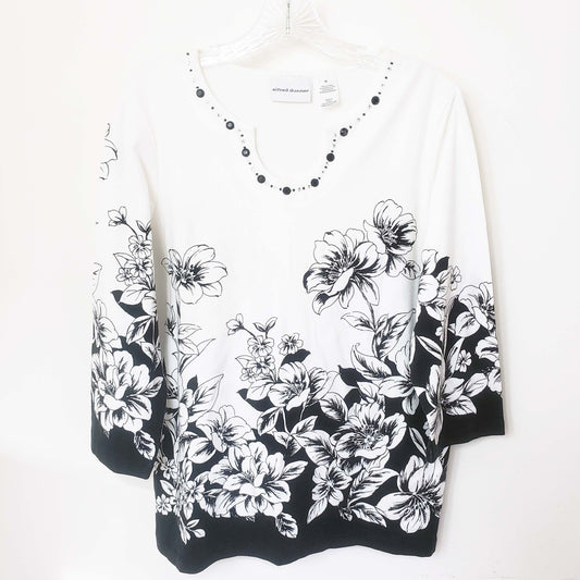 Alfred Dunner Women's White Black Floral Beaded 3/4 Sleeve Shirt Top Blouse