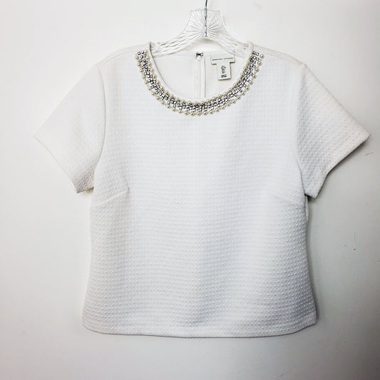 Adrienne Vittadini Women's White Textured Faux Pearl Scoop Neck Shirt Top Blouse
