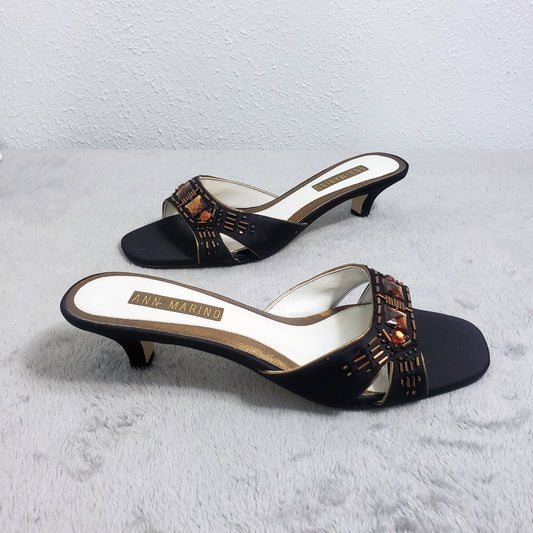 Ann Marino Women's 7M Copper Jewel Leather Open Toe Slip On Pumps Sandals Shoes