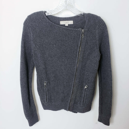 Ann Taylor LOFT Women's XSP Charcoal Knit Full Zip Top Shirt Sweater