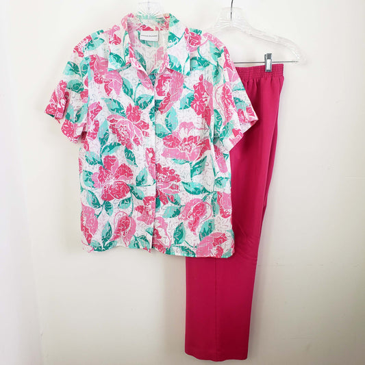 Alfred Dunner Women's Pink Floral Button Down Elastic Waist Lounge Wear Pantsuit Set