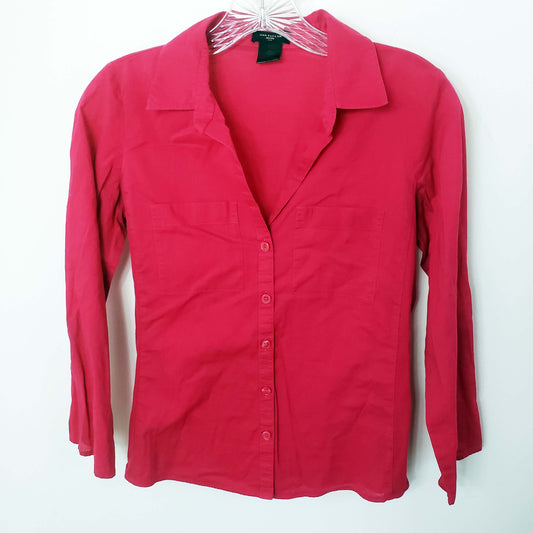 Ann Taylor Hot Pink Button Down Long Sleeve Collar Oxford Shirt Top Blouse