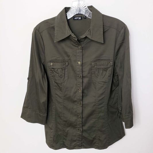 Apt. 9 Essentials Women's Camo Green Button Down Pockets Collar Top Shirt Blouse